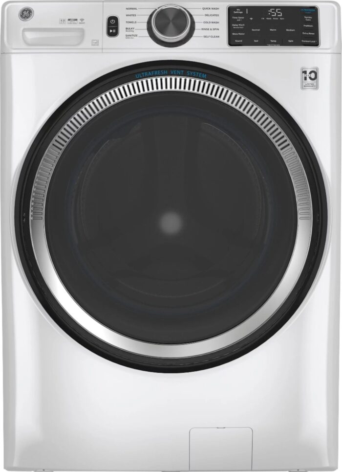 GE – 4.8 CuFt High-Efficiency Stackable Smart Front Load Washer w/UltraFresh Vent System & Microban Antimicrobial Technology – White on white - Image 6