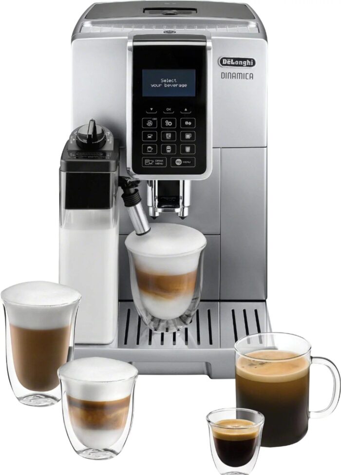 De’Longhi – Dinamica Espresso Machine with 15 bars of pressure and LatteCrema Fully Automatic Milk Frother – Silver