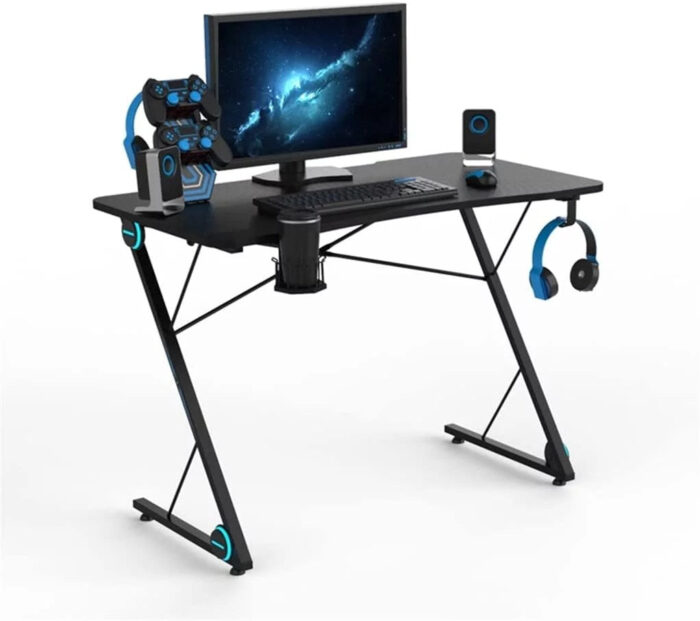 Gaming Desk, E-Sport Gamer Workstation with LED Lights & Large Carbon Fiber Surface